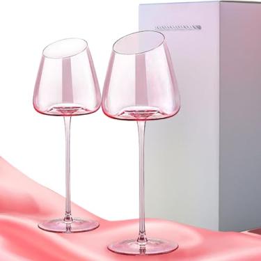 Imagem de BlissKiss Conjunto de 2 taças de vinho inclinadas de cristal rosa - feito à mão, sem chumbo, perfeito para ocasiões especiais e uso diário, embalagem pronta para presente, capacidade de 500 ml