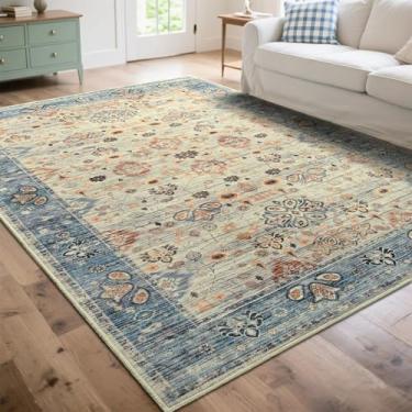 Imagem de Przemy Tapete de área para sala de estar, tapetes laváveis de 1,8 x 2,5 m para quarto, tapete floral antiderrapante para casa, escritório, berçário, sala de jantar, cozinha, azul e bege