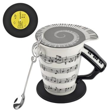 Imagem de Caneca de Piano de 365 g Caneca de Café Exclusiva Nota Musical com Tampa e Porta-copos e Colher, Presentes para Músicos, Presente para Amantes de Música para Mulheres, Homens, Professores