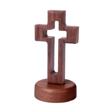 Imagem de Ioensy Cruz de madeira em suporte, lembrancinha religiosa, cruz de mesa para capela, escritório, prateleira, decoração de mesa, Base Redonda