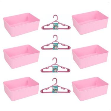 Imagem de Kit 6 Cestos Multiuso Decorativo e 20 Cabides Infantis Rosa - 123 Orga