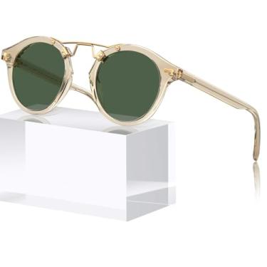 Imagem de CARFIA Óculos de sol femininos de acetato com ponte dupla, lentes polarizadas, retrô de metal, sobrancelha, óculos escuros modernos e redondos, 3. Lente verde com armação amarela transparente, One