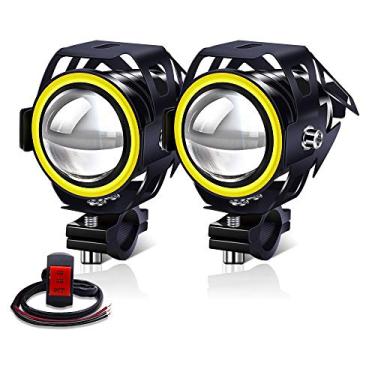 Imagem de YnGia 2 faróis de neblina para motocicleta U7 com halo âmbar, à prova d'água, faróis auxiliares de LED DRL, holofotes de LED de feixe estável com interruptor de 3 fios de 12 V 24 V para motocicleta
