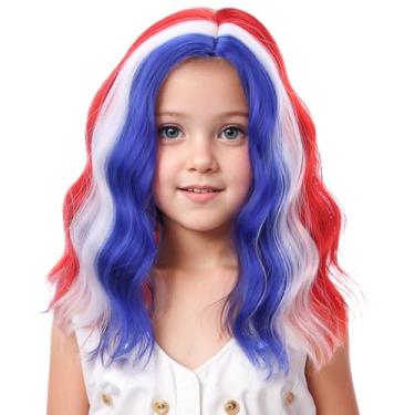 Imagem de WAVELNM 4 de julho, perucas para crianças, meninas, vermelho, branco, azul, peruca infantil, multicolorida, encaracolada, ondulada, curta, parte lateral, para uso diário infantil, cosplay, festa