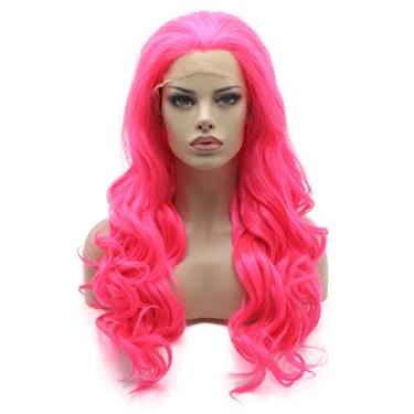Imagem de Lushy Peruca Sintética Frontal de Cabelo Longa 61 cm Ondulada Rosa Vermelha Resistente ao Calor Peruca Realista Densidade Pesada