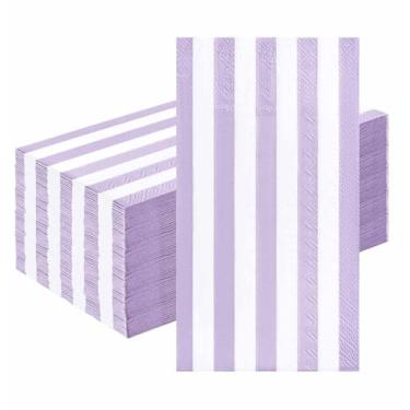 Imagem de HEIPINIUYE 50 guardanapos de papel listrados de 3 camadas roxo claro e branco toalhas de mão descartáveis para banheiro, casamento, aniversário, chá de bebê, guardanapos de jantar descartáveis