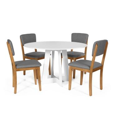 Imagem de Mesa De Jantar Redonda Montreal Branca Com 4 Cadeiras Estofadas Ella Cinza Escuro