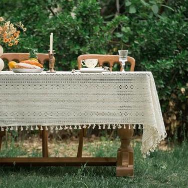 Imagem de AMZALI Toalha de mesa de crochê bege com borlas Boho bordada toalha de mesa retangular linho design floral capas de mesa para festa aniversário toalha de mesa de jantar 140 x 259 cm