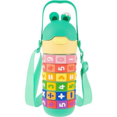 Imagem de UKQRRTC Garrafa de água infantil isolada, copo infantil de aço inoxidável de 430 ml com canudo de silicone, garrafa de água à prova de vazamento, copo infantil portátil, alça de ombro ajustável