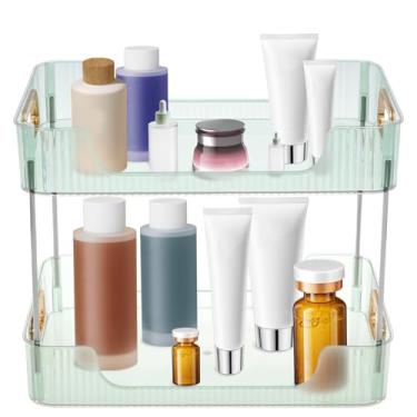 Imagem de Organizador de balcão de banheiro de plástico, prateleira de armazenamento de maquiagem de grande capacidade, economia de espaço, prateleira de armazenamento de banheiro para casa (verde, deck duplo)