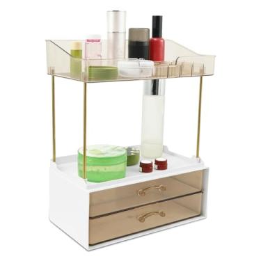 Imagem de Organizador de maquiagem de 2 camadas com 3 gavetas para cômoda, organizador de quarto de banheiro, suporte de bancada para cuidados com a pele, estojo de exibição de cosméticos, suporte de