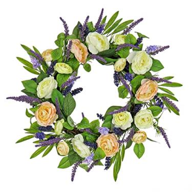 Imagem de National Tree Company Guirlanda de primavera artificial, base de ramo tecido, decorada com flores de ranúnculo e astilbes, folhas verdes, coleção de primavera, 61 cm