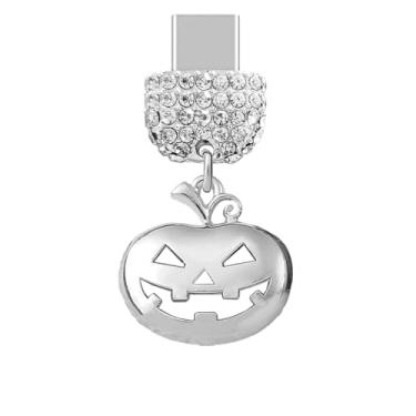 Imagem de ELISE & FONDA TP912 Tipo-C porta de carregamento cristal antipoeira pequeno pingente de celular abóbora Halloween para iPhone 15/16/Samsung/OnePlus/Xiaomi/oppo telefones Android (branco)