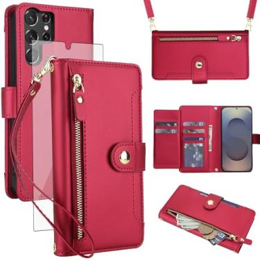 Imagem de Asuwish Capa de celular para Samsung Galaxy S24 Ultra 5G com zíper carteira, com protetor de tela de vidro temperado e alça transversal, suporte para cartão de crédito S24Ultra 24S S 24 24Ultra