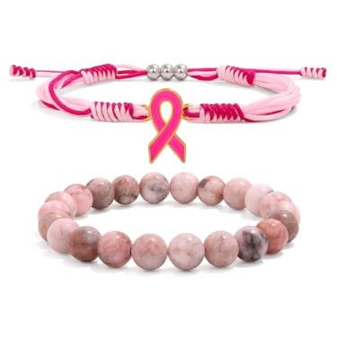 Imagem de Pulseira de conscientização do câncer, pulseira para uma causa, pulseira de fita de saúde para proteção pulseira de cordão de surfista para homens, mulheres (câncer de mama), 7in, Pedra, Sem Pedra