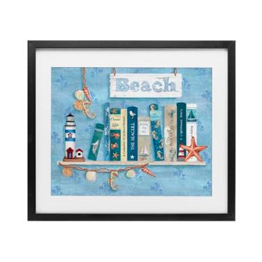 Imagem de Stupell Industries Beachy Book Shelf Panel Impressão emoldurada preta sob vidro, design por Emma Leach, 43 x 53 cm