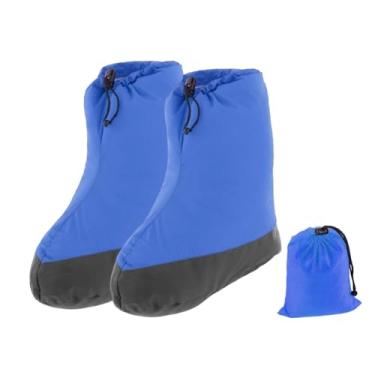 Imagem de harayaa Botas de plumas, meias quentes, botas de acampamento, capa aquecedora de pés com bolsa de armazenamento, calçados para acampamento, caminhada, M Blue