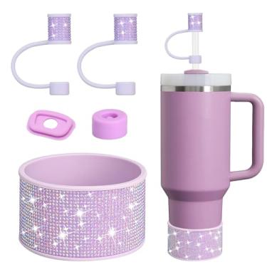Imagem de Conjunto de acessórios de copo Stanley de strass, incluindo capas de canudo brilhante de 1 cm, tampa à prova de derramamento, bota de silicone com glitter de diamante para acessórios Stanley 850 g