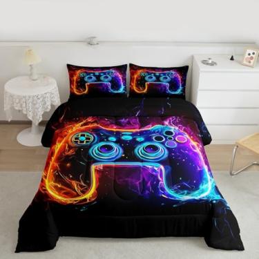 Imagem de jejeloiu Jogo de cama solteiro com estampa de gamer, amarelo, azul, para crianças, meninos, meninas, gamepad, edredom para decoração de quarto, 2 peças com 1 fronha