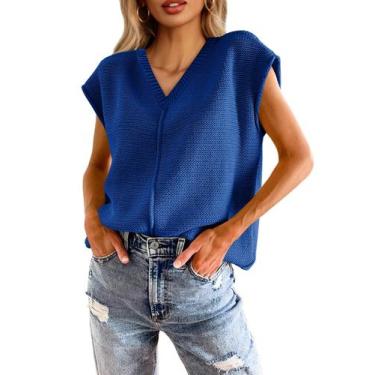 Imagem de Suéter Saodimallsu, manga curta de verão, decote em V, azul marinho, f
