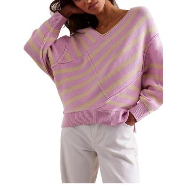 Imagem de Suéter feminino HYLLGUD, listrado, colorido, tricotado rosa, tamanho M