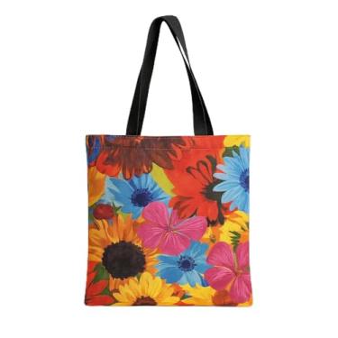 Imagem de Bolsa Tote Floral, Tecido Algodão Reciclado, Design Moderno com Estampa de Girassóis e Flores, Alça Preta, Multicolorido