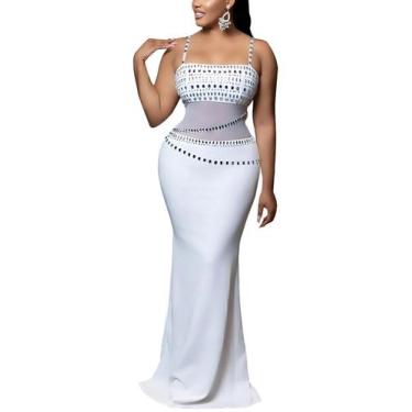 Imagem de Vestido PORRCEY Hot Drilling Craft Sexy Elegant Mesh White XXL