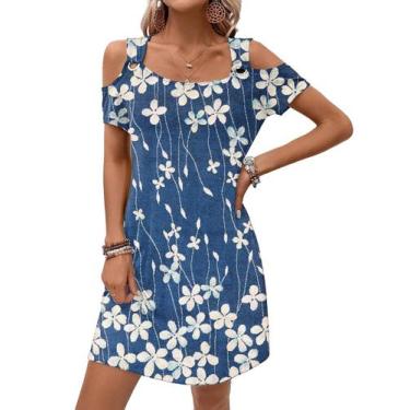 Imagem de Vestido de verão GUNEST feminino azul, flor branca, ombro frio