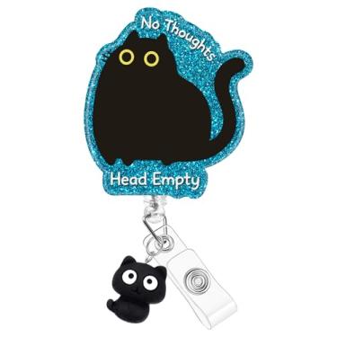 Imagem de Plifal Clipe de suporte de carretel de crachá - Gato preto engraçado sem pensamentos, cabeça vazia retrátil para cartão de identificação carretel de crachá com clipe jacaré, enfermeira de escritório