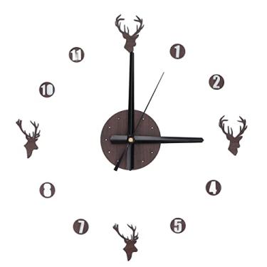 Imagem de Relógio de parede faça você mesmo para decoração de sala de estar, relógio de parede acrílico anti-tiquetaque sem moldura cabeça de veado efeito 3D relógio autoadesivo DIY com movimento silencioso par