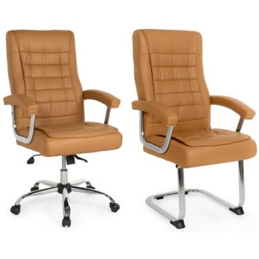 Imagem de Kit Cadeira de Escritório Presidente Molas Ensacadas + Cadeira Base Fixa Presidente Premium - Caramelo