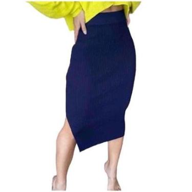 Imagem de Saia Comprimento Midi Canelada Tricot Trico com Fenda Lateral Tendência Conforto-Feminino