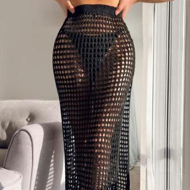 Imagem de Saia longa saída de praia fenda lateral moda verão tricot-Feminino