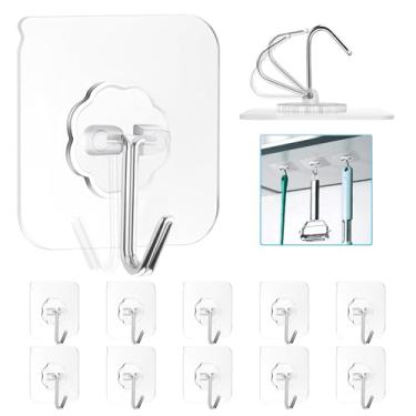 Imagem de Ganchos de parede adesivos 10 pacotes para pendurar ganchos resistentes de 10 kg para paredes sem danos, ganchos transparentes para toalhas, à prova d'água, casa, banheiro, cozinha, escritório e ao ar