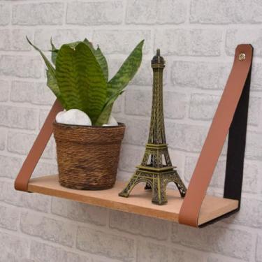 Imagem de Prateleira Suspensa de MDF com Alças de Couro - 29x13cm, Minimalista para Plantas, Livros e Decoração(Caramelo,KitCom4)