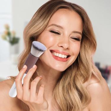 Imagem de 1 pincel de base Kabuki de topo plano para creme líquido e pó de maquiagem, polimento e pincel facial, café