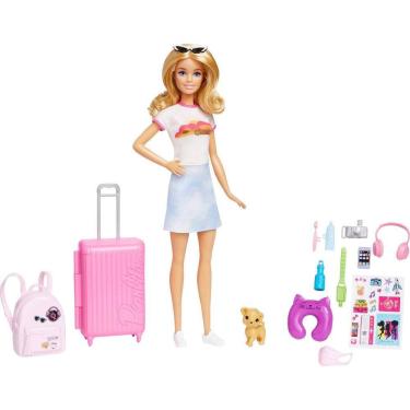 Imagem de Conjunto de viagem para boneca Barbie com acessórios, mala e cachorrinho