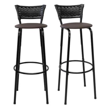 Imagem de Kit 2 Banquetas Altas 80cm Estrutura Preta Encosto Junco Preto Ideal Bancada Cozinha Americana Bares Balcão Ilha Área Gourmet Piscina Itagold (Assento Marrom Escuro)