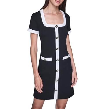 Imagem de Karl Lagerfeld Vestido feminino evasê com botões centrais contrastantes, Preto e branco macio, 42