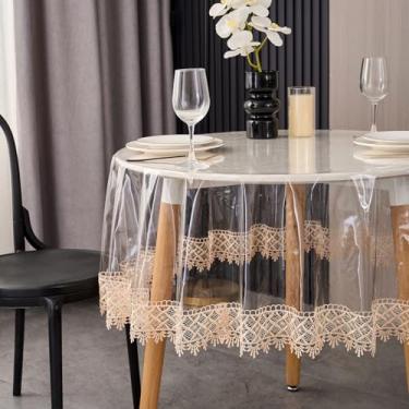 Imagem de LIBERECOO Toalha de mesa de vinil redondo transparente com acabamento de renda Loral costurada, capa de mesa de plástico à prova d'água à prova de óleo com borda bordada para cozinha, sala de jantar