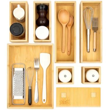 Imagem de SPOPSOOD Caixas organizadoras de gaveta de bambu – Conjunto de 7 organizadores de gaveta de madeira para cozinha, banheiro, escritório, mesa, penteadeira, maquiagem - Bandejas organizadoras de gaveta