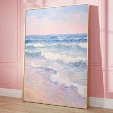 Imagem de Tela de praia rosa arte de parede rosa impressão oceano vintage oceano pintura abstrata praia paisagem imagens retrô arte costeira rosa azul decoração sala de estar 40,6 x 61 cm sem moldura