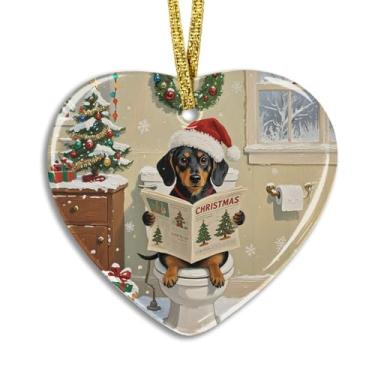 Imagem de FLVGE Enfeites de Natal engraçados de Dachshund, presentes para amantes de dachshund, cachorro Weiner engraçado no vaso sanitário, enfeite de lembrança de coração, ornamentos de decoração de Natal