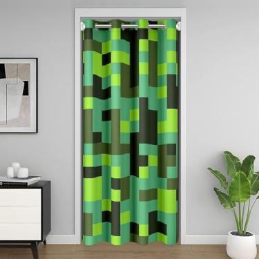 Imagem de Cortina de porta infantil Pixel Grid Miners, patchwork geométrico, quadriculada, pixelada, blackout, gamepad, videogames, quarto, porta de estar, decoração de sala de estar, 1 painel de privacidade