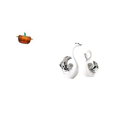 Imagem de Fenteer Prato de Doces de Vidro em Formato de Abóbora com Tampa E Figuras de Cisne para Decoração de Sala de Estar, Pote de Biscoitos, Peça Central Laranja, D