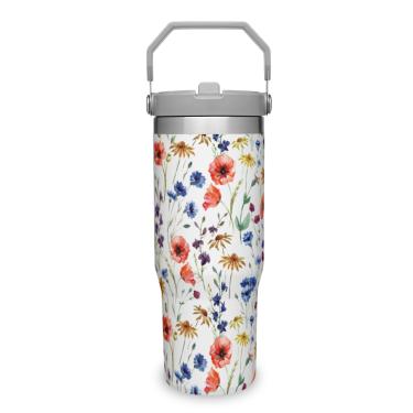 Imagem de Copos de 850 g Flores em aquarela com alça e canudo, canecas de viagem, parede dupla, isolada a vácuo, copo de carro de aço inoxidável, à prova de vazamento, durável, isolamento térmico, caneca de