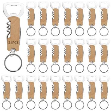 Imagem de Pacote com 24 chaveiros abridores de garrafas com cortadores de aço inoxidável e alças de madeira, abridores portáteis de cerveja e vinho com chaveiro para festas e acampamento