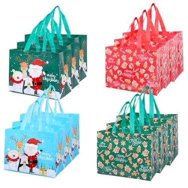 Imagem de Chanumetal Pacote com 12 sacos de presentes de Natal, bolsa de presente de Natal com alça, 17 cm x 25 cm x 32 cm, não tecido, padrão de Papai Noel, para suprimentos de festa, compras de ano novo