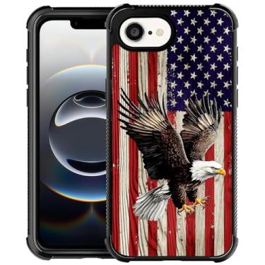 Imagem de OKBUOK Capa para iPhone 16E, capa protetora à prova de choque padrão fino grão de madeira bandeira americana águia