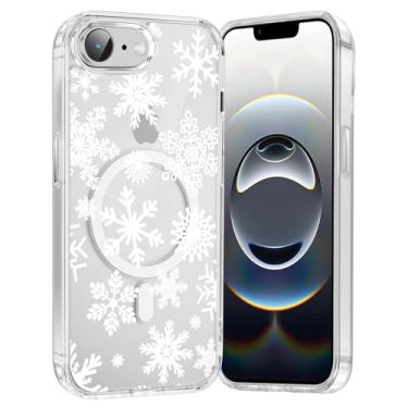 Imagem de RUMDEY Capa de telefone Merry Christmas Floco de neve para iPhone 16e Xmas capa magnética transparente de 6,1 polegadas, compatível com Magsafe, capa de design de padrão de inverno bonito à prova de